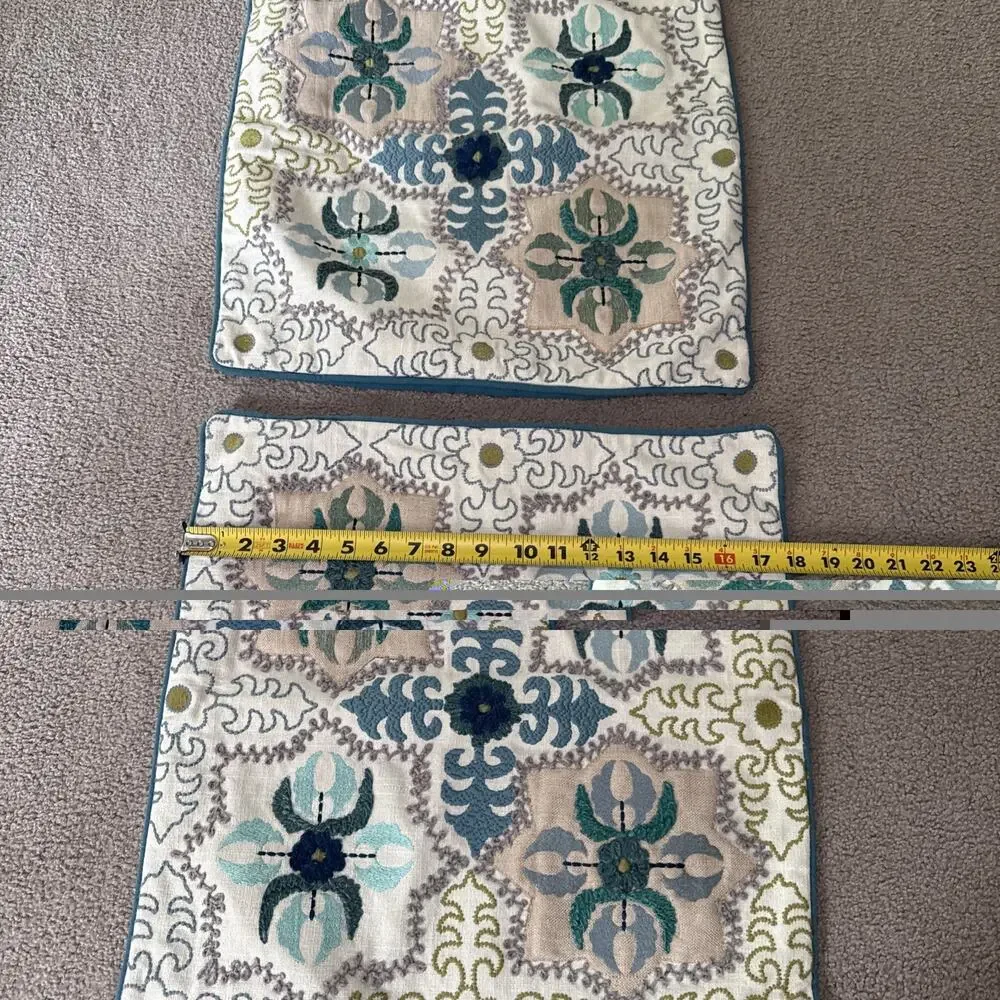 Pier 1 Imports Set 2 Embroidered 18x18 Pillow Covers Teal Medallion Boho EUC